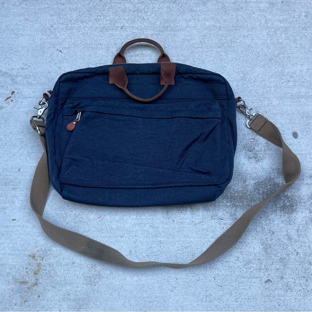 J. Crew Navy Canvas Laptop Brief with Brown Trim and Tan Strap